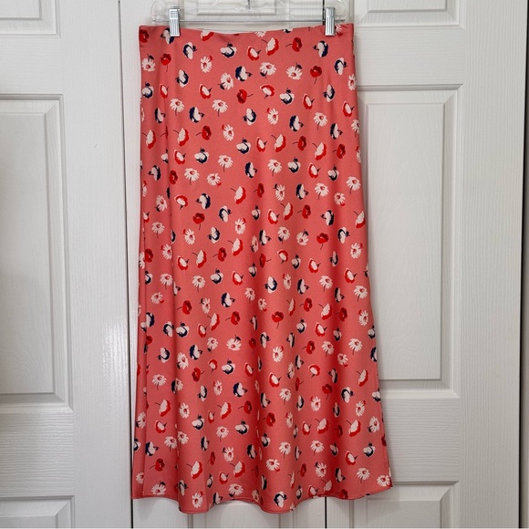 LOFT Daisy Floral Satin Midi Slip Skirt Coral Orange Side Slit NWT M - Picture 3 of 16